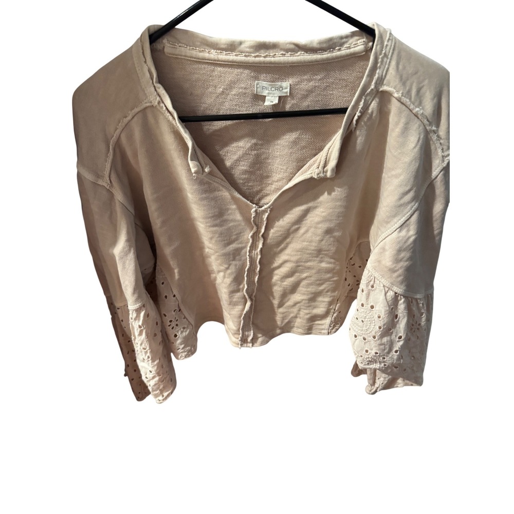 Pilcro Anthropologie Eyelet Lace Sleeve Cropped Sweatshirt Tan Beige XS